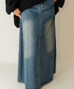 Jupe Longue en Jean Évasée et Sans Fente avec Poches bleu foncé