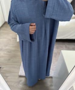 Robe mastour Zeyna bleu jean – Tissu effet lin fluide | Taille unique du 36 au 46