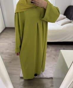 Robe mastour Zeyna vert pistache – Tissu effet lin fluide | Taille unique du 36 au 46