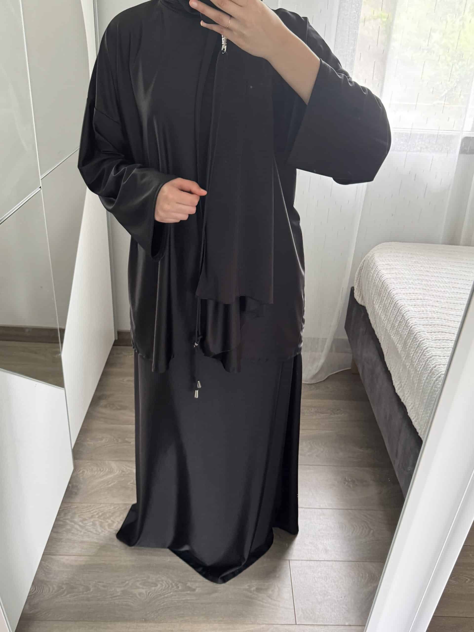 Burkini mastour noir 4 pièces – haut long, jupe, legging et hijab