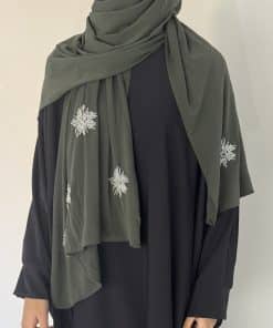🌹 Hijab en Jersey Premium de Luxe – Élégance Perlée Vert Kaki