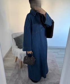 Abaya zip en jean bleu denim foncé – Élégance mastour et allure moderne