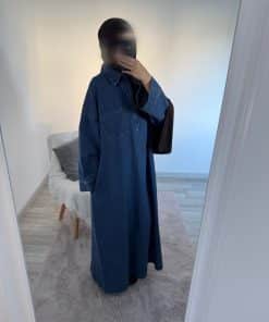 Abaya zip en jean bleu denim foncé – Élégance mastour et allure moderne